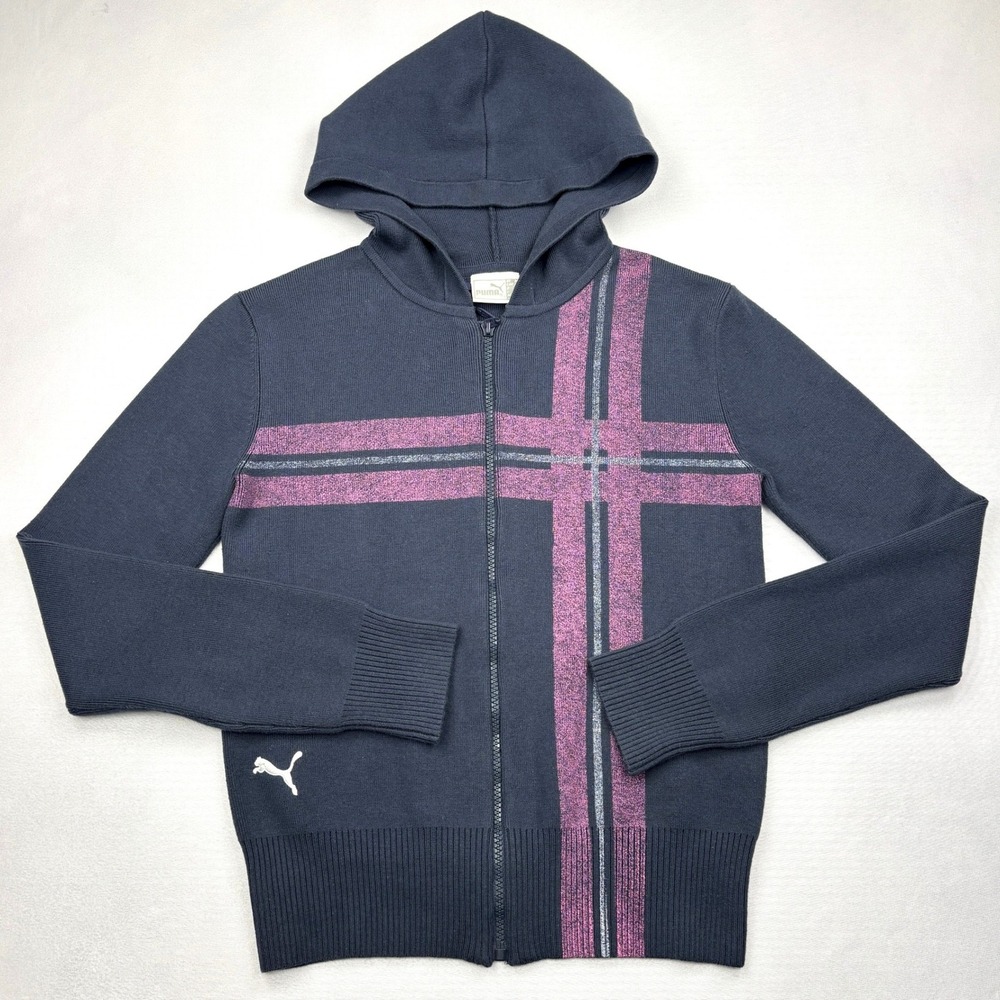Vintage Puma Sweater Womens Medium Navy Blue Pink Stripe Full Zip Hooded Y2K Top